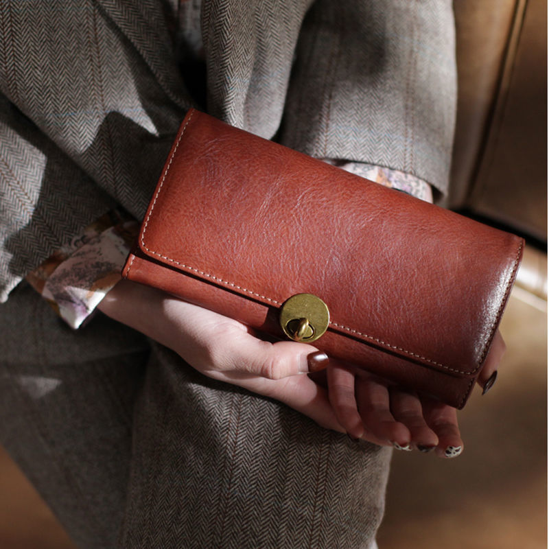 Langes dünnes Deckschicht-Rindsleder-Schloss für Damen Zwei schicht ige Geldbörse