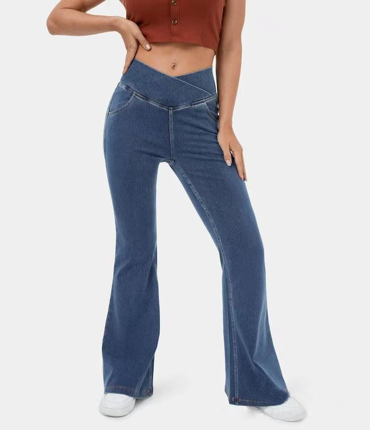 Damen-Schlaghosen aus hochwertigem Imitat-Denim – High Waist, figurformend mit Hüftlifting-Effekt, im europäischen und amerikanischen Trendstil.“