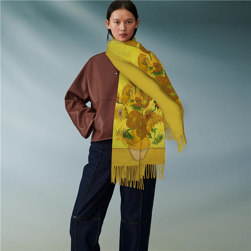 Digital Printing Artificial Cashmere Scarf Women's Winter Warm Long Fringe
