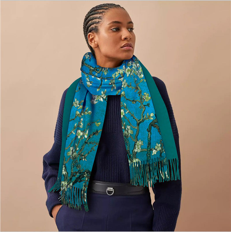 Digital Printing Artificial Cashmere Scarf Women's Winter Warm Long Fringe