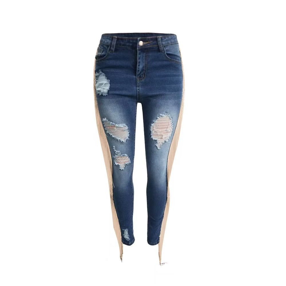 Damen Ripped Jeans mit Fransen – trendige Streetstyle Denim Pants | Slim Fit Röhrenjeans im modernen Leggings-Design.“