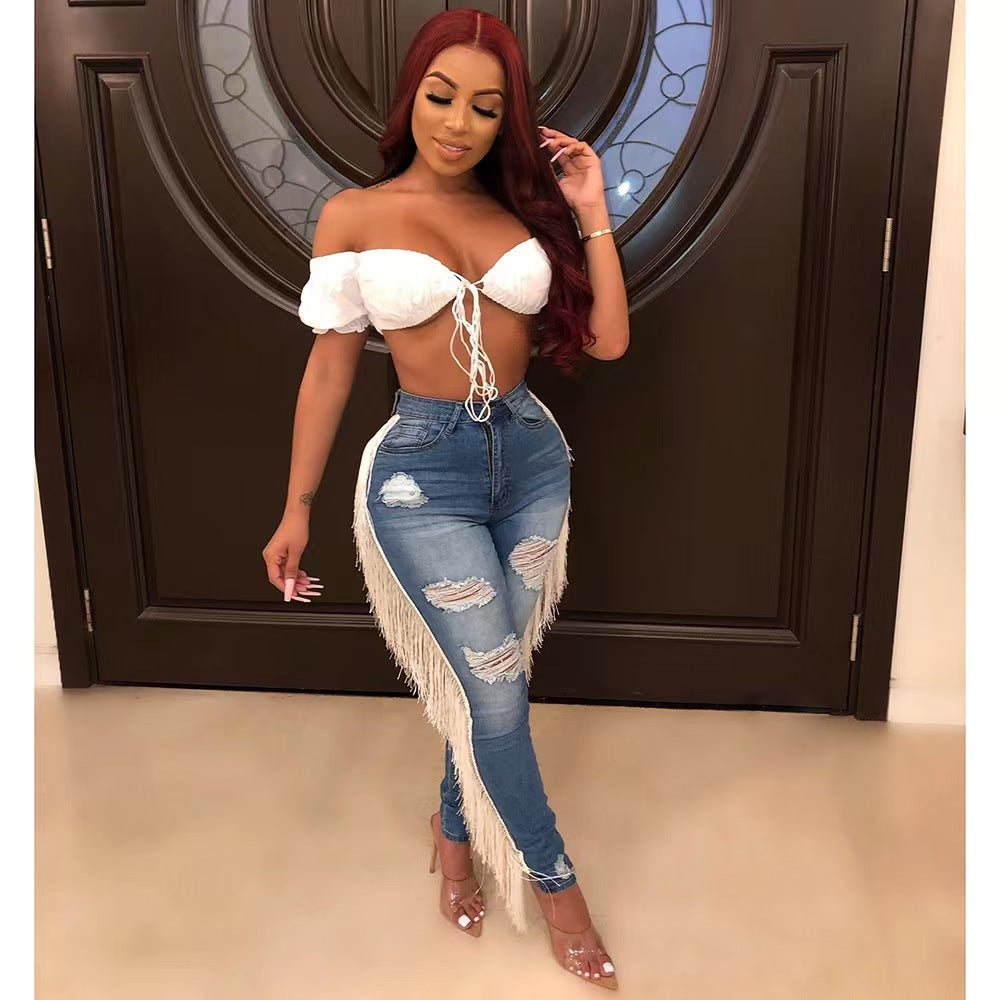 Damen Ripped Jeans mit Fransen – trendige Streetstyle Denim Pants | Slim Fit Röhrenjeans im modernen Leggings-Design.“