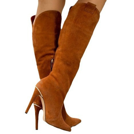 Elegante Damenstiefel für Herbst & Winter – lange Wildleder-Boots mit spitzem Zehenbereich & hohem Stiletto-Absatz.“