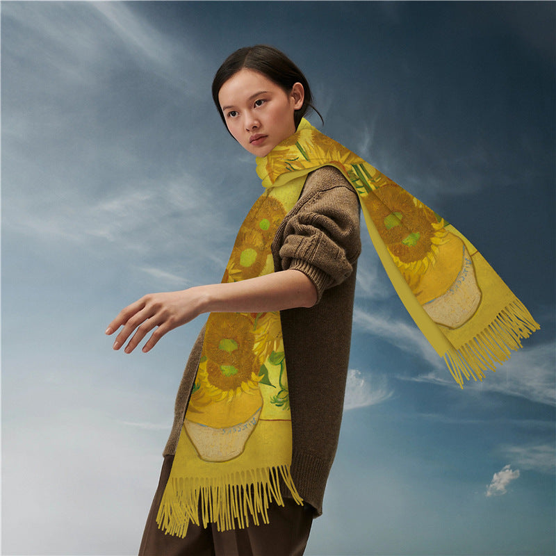 Digital Printing Artificial Cashmere Scarf Women's Winter Warm Long Fringe
