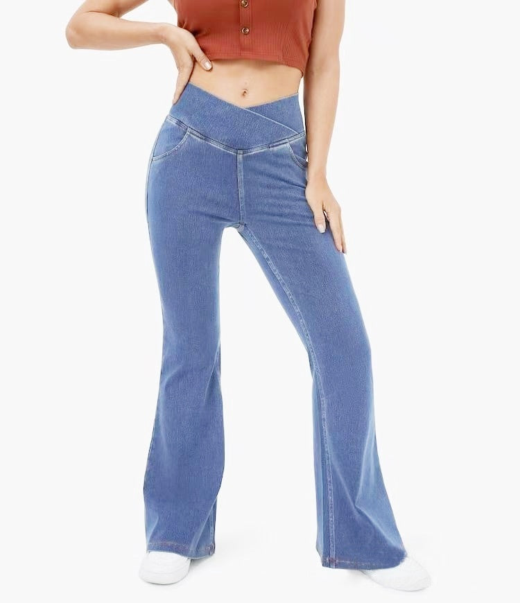 Damen-Schlaghosen aus hochwertigem Imitat-Denim – High Waist, figurformend mit Hüftlifting-Effekt, im europäischen und amerikanischen Trendstil.“