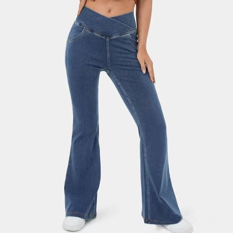 Damen-Schlaghosen aus hochwertigem Imitat-Denim – High Waist, figurformend mit Hüftlifting-Effekt, im europäischen und amerikanischen Trendstil.“