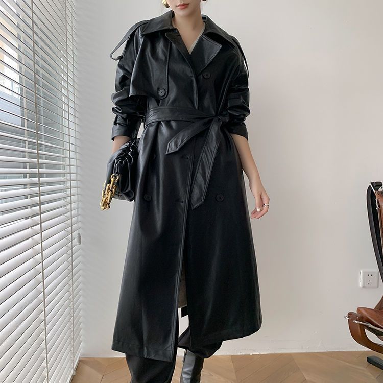 „Eleganter Retro-Damenmantel – mittellanger PU-Coat mit figurbetonter Taille für einen stilvollen Look.“