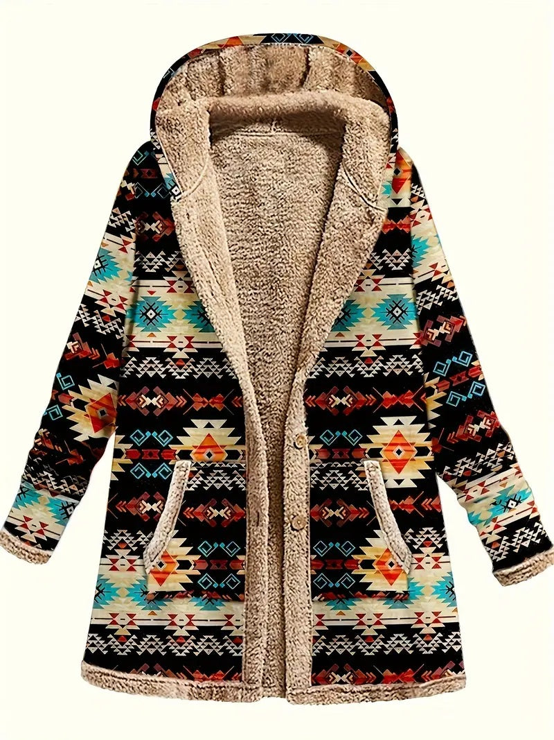 „Damen Hoodie aus Baumwolle & Leinen mit Print – kuscheliger Mantel mit warmem Plüschfutter.“