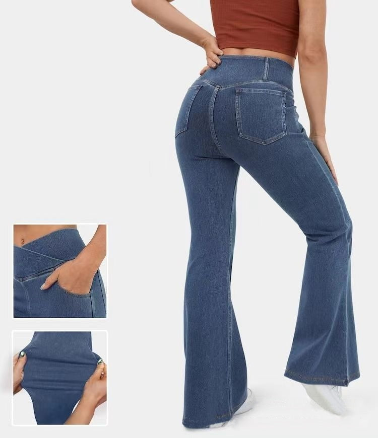 Damen-Schlaghosen aus hochwertigem Imitat-Denim – High Waist, figurformend mit Hüftlifting-Effekt, im europäischen und amerikanischen Trendstil.“